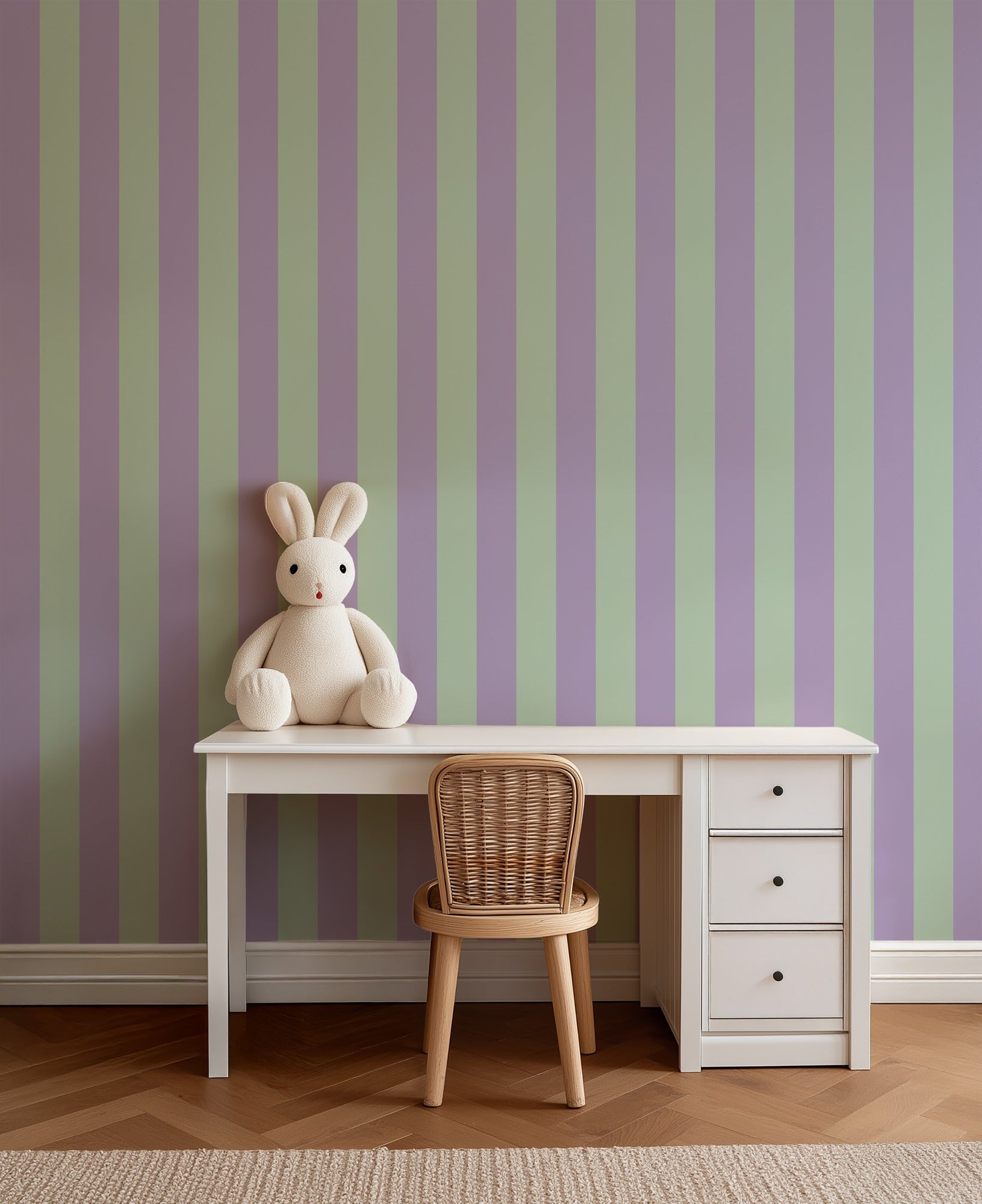 Classic Stripe Wallpaper – Lavender Mist & Mint styled in a kids' room and nursery