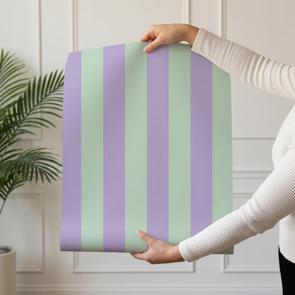 Classic Stripe Wallpaper roll in Lavender Mist & Mint – bold stripes on a mint ground
