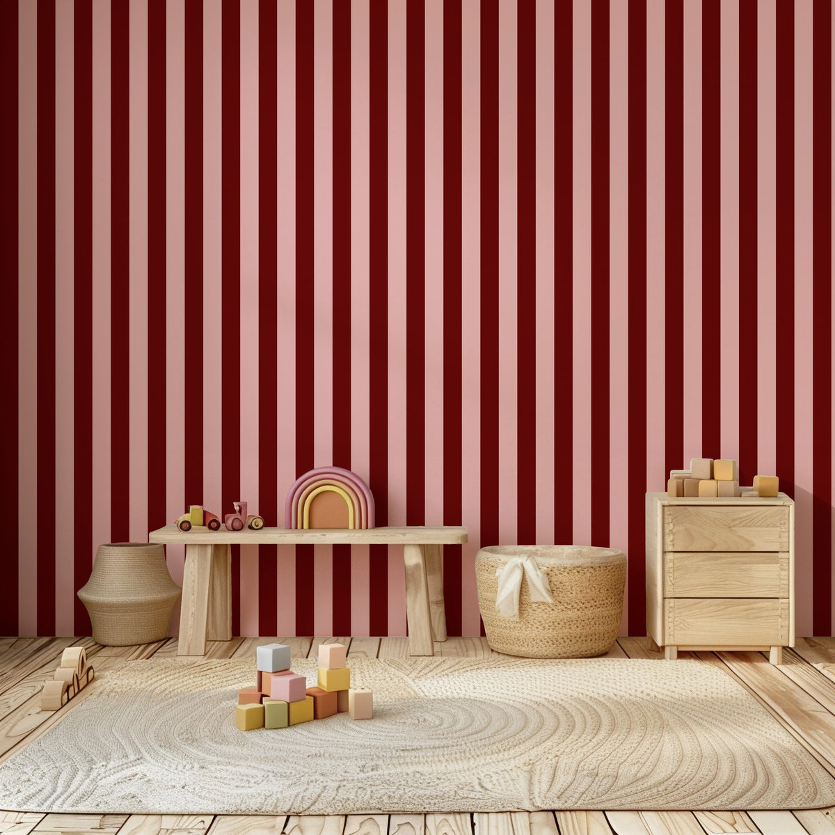 Maroon & Blush – Classic Stripe Wallpaper styled in a kids' room and nursery