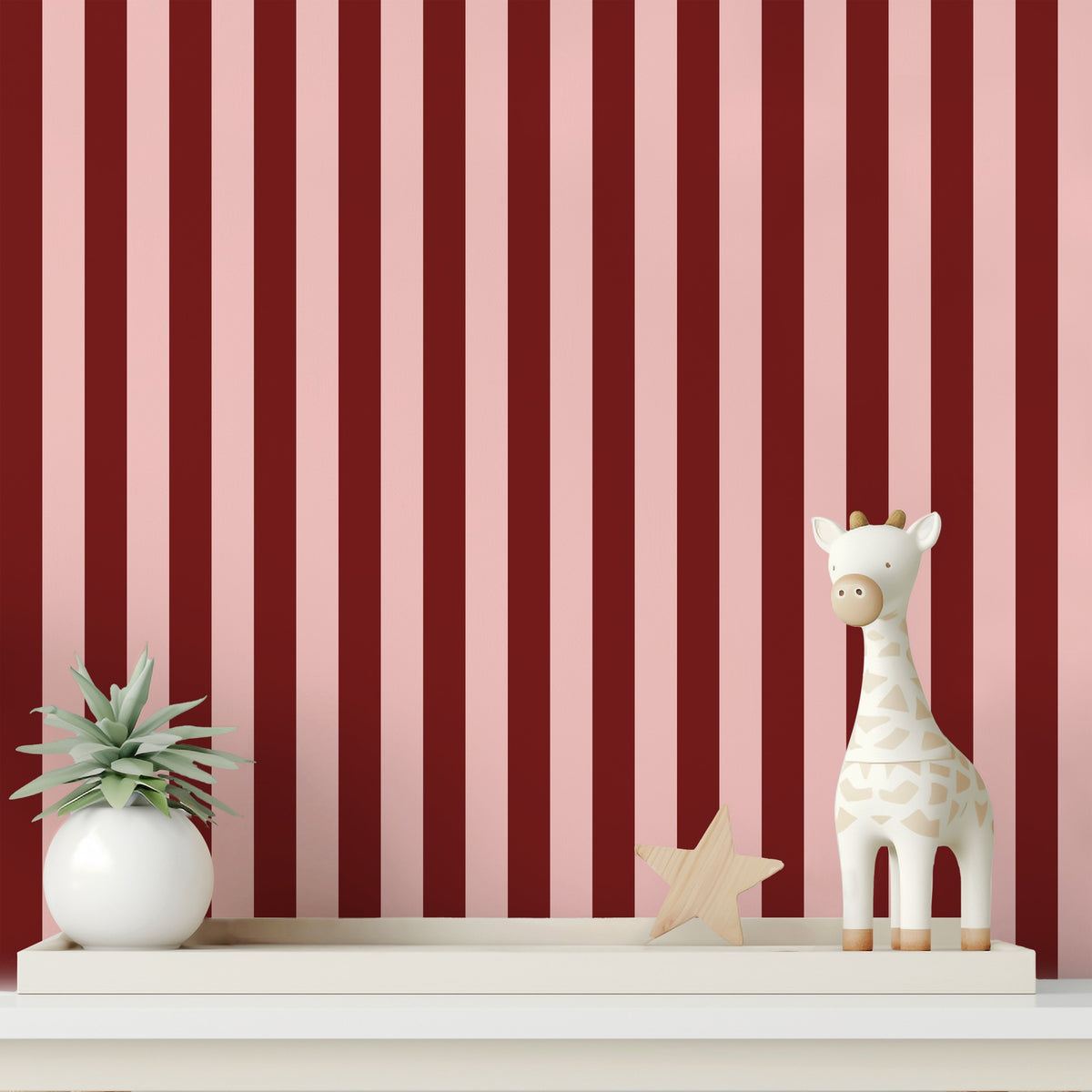 Maroon & Blush – Classic Stripe Wallpaper styled in a kids' room and nursery