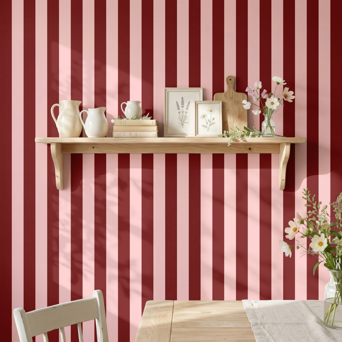 Maroon & Blush – Classic Stripe Wallpaper styled in a kitchen and dining room