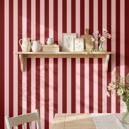 Maroon & Blush – Classic Stripe Wallpaper styled in a kitchen and dining room