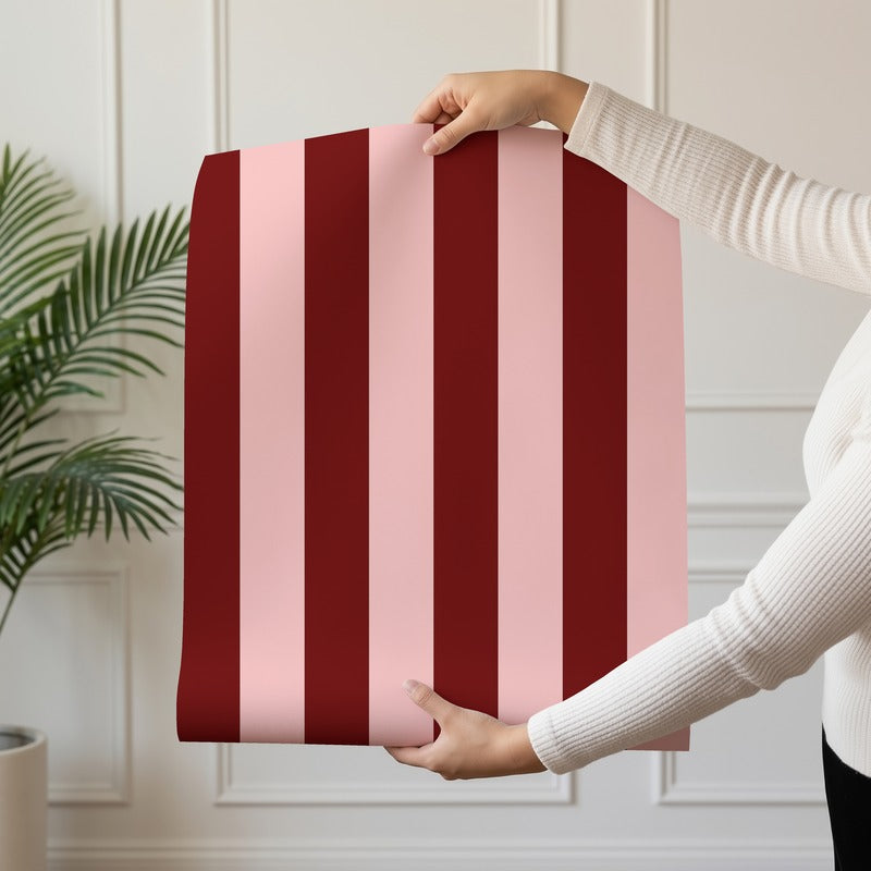 Classic Stripe Wallpaper roll in Maroon & Blush – bold stripes on a blush ground