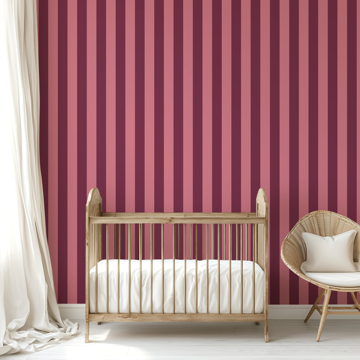 Merlot & Blush – Classic Stripe Wallpaper styled in a kids' room and nursery