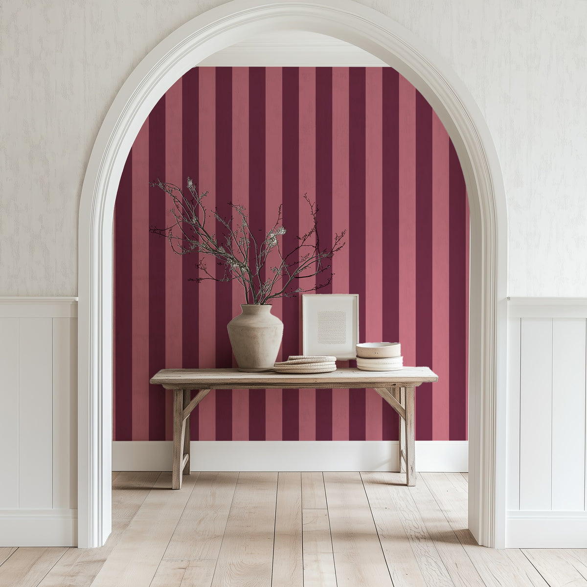 Merlot & Blush – Classic Stripe Wallpaper styled in a hallway and home office