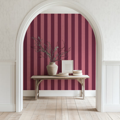 Merlot & Blush – Classic Stripe Wallpaper styled in a hallway and home office