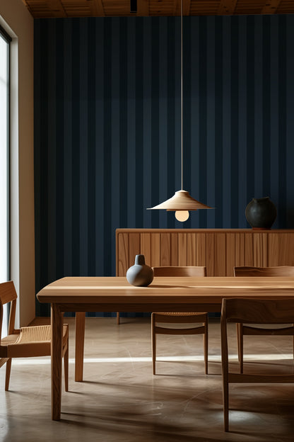 Midnight Navy & Indigo – Classic Stripe Wallpaper styled in a kitchen and dining room