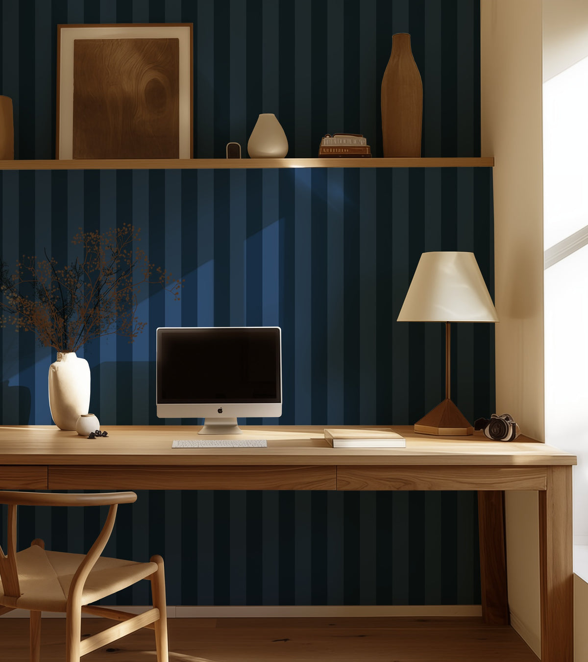 Midnight Navy & Indigo – Classic Stripe Wallpaper styled in a hallway and home office