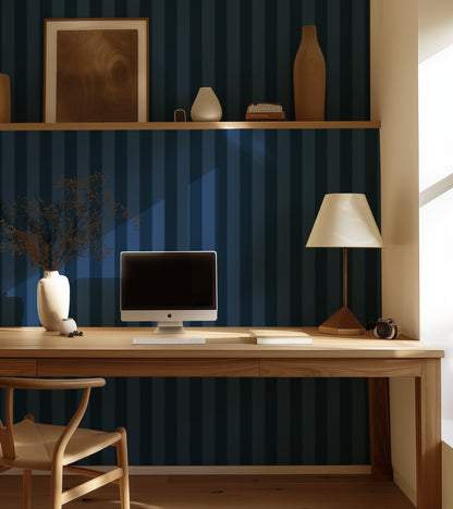 Midnight Navy & Indigo – Classic Stripe Wallpaper styled in a hallway and home office