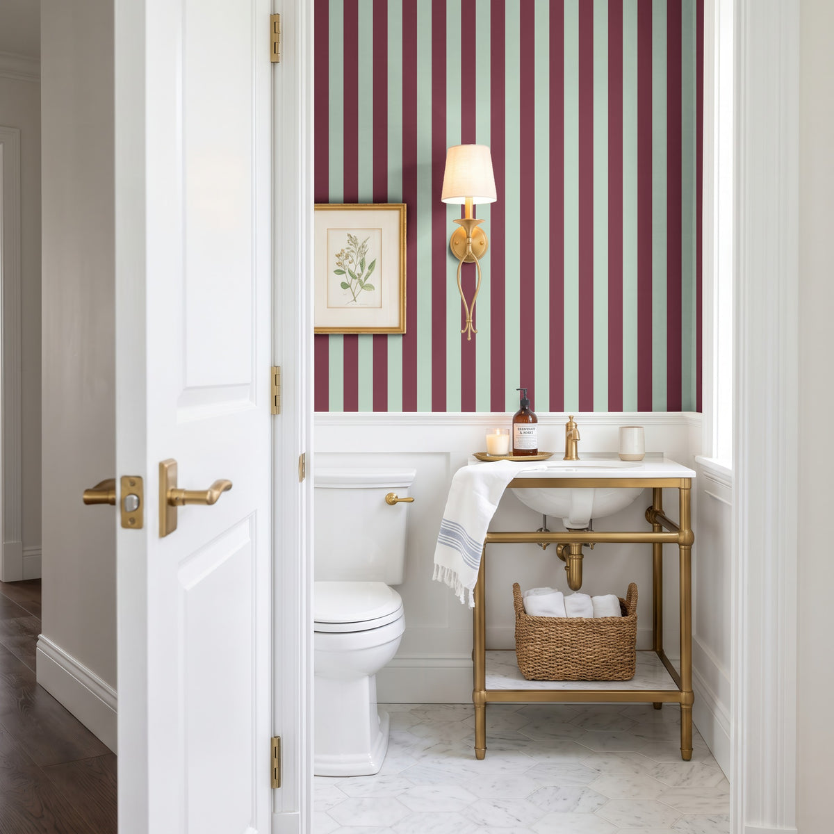 Classic Stripe Wallpaper – Mineral Mint & Oxblood styled in a bathroom and laundry