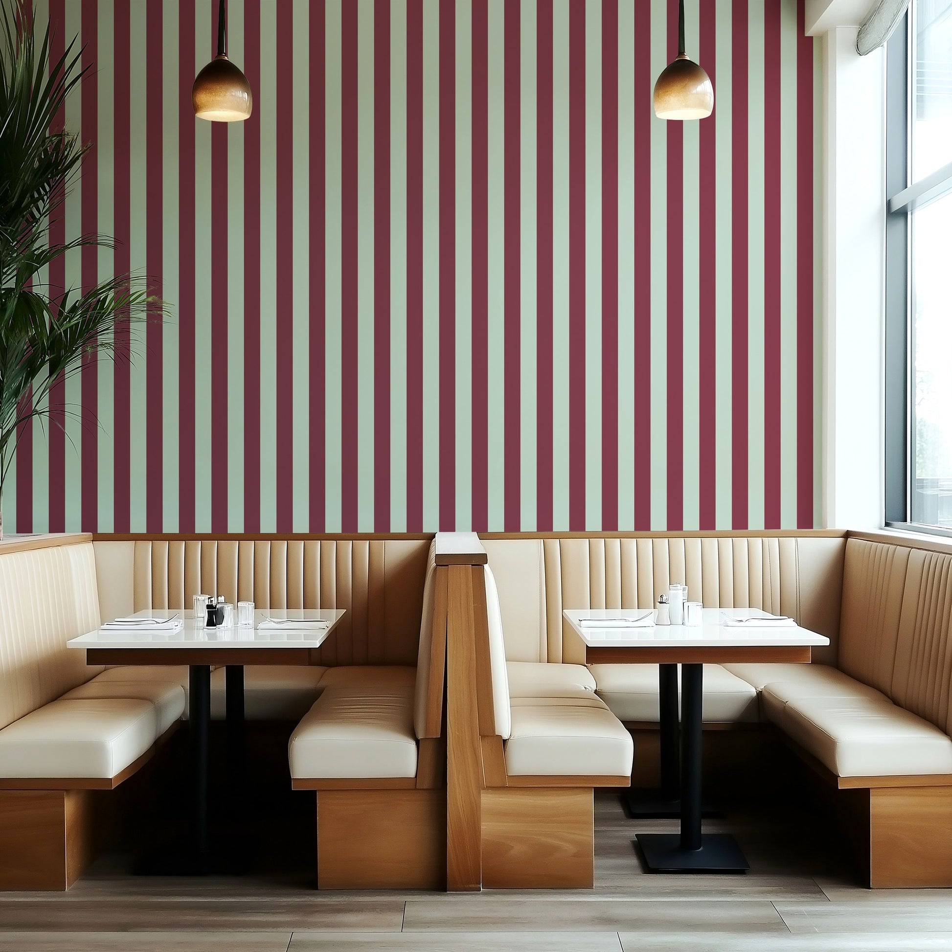Classic Stripe Wallpaper – Mineral Mint & Oxblood styled in a boutique hotel and hospitality space