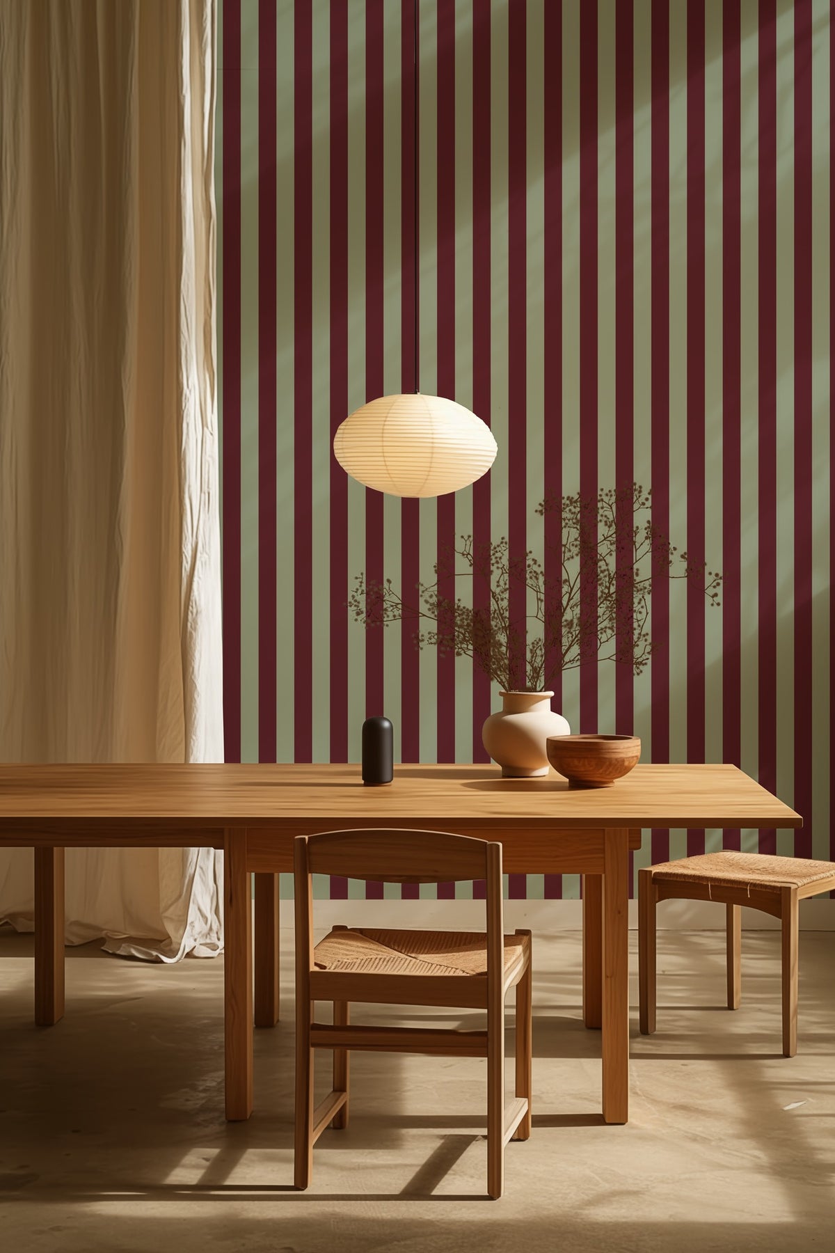Classic Stripe Wallpaper – Mineral Mint & Oxblood styled in a kitchen and dining