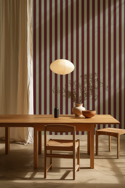 Classic Stripe Wallpaper – Mineral Mint & Oxblood styled in a kitchen and dining