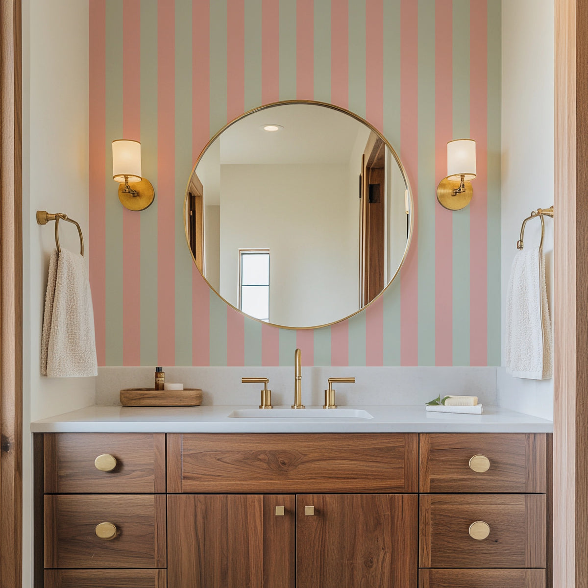 Mint & Blush – Classic Stripe Wallpaper styled in a bathroom