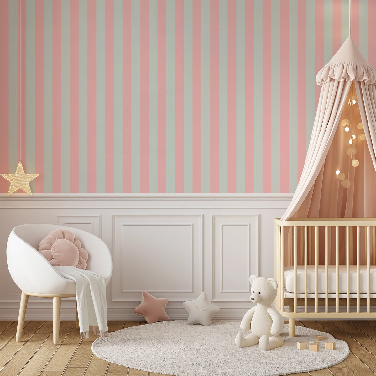 Mint & Blush – Classic Stripe Wallpaper styled in a kids' room and nursery