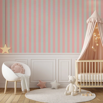 Mint & Blush – Classic Stripe Wallpaper styled in a kids' room and nursery