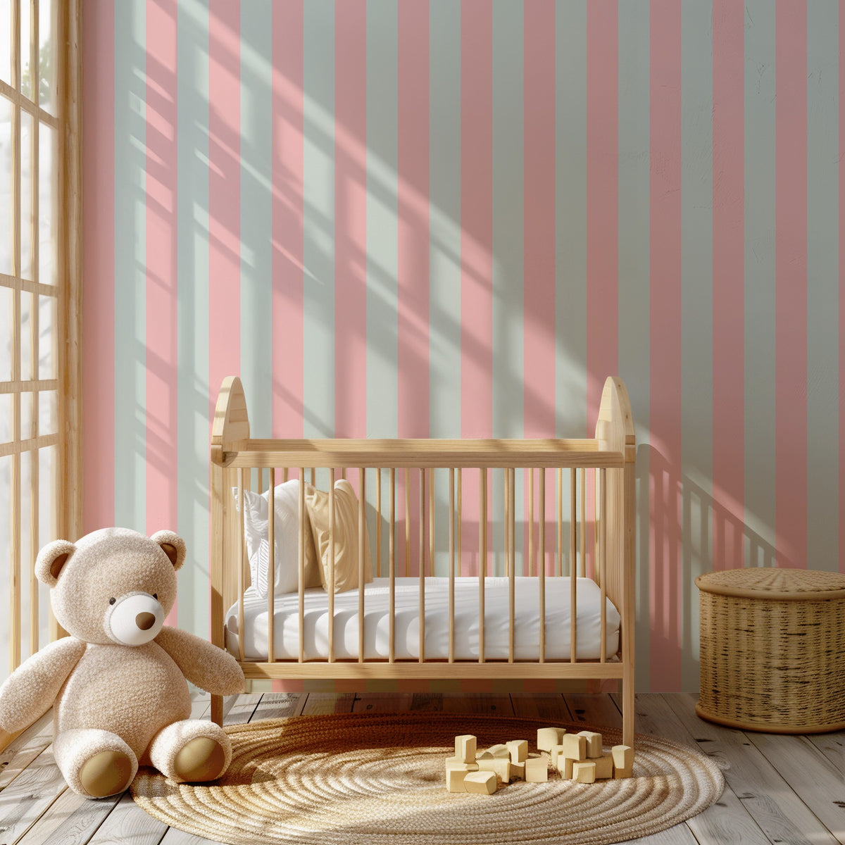 Mint & Blush – Classic Stripe Wallpaper styled in a kids' room and nursery