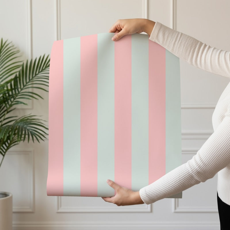 Classic Stripe Wallpaper roll in Mint & Blush – bold stripes on a blush ground