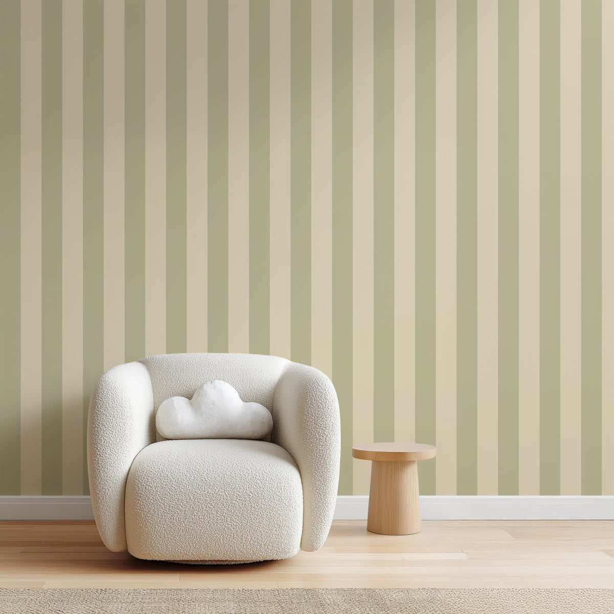 Olive & Warm Sand – Classic Stripe Wallpaper styled in a living room