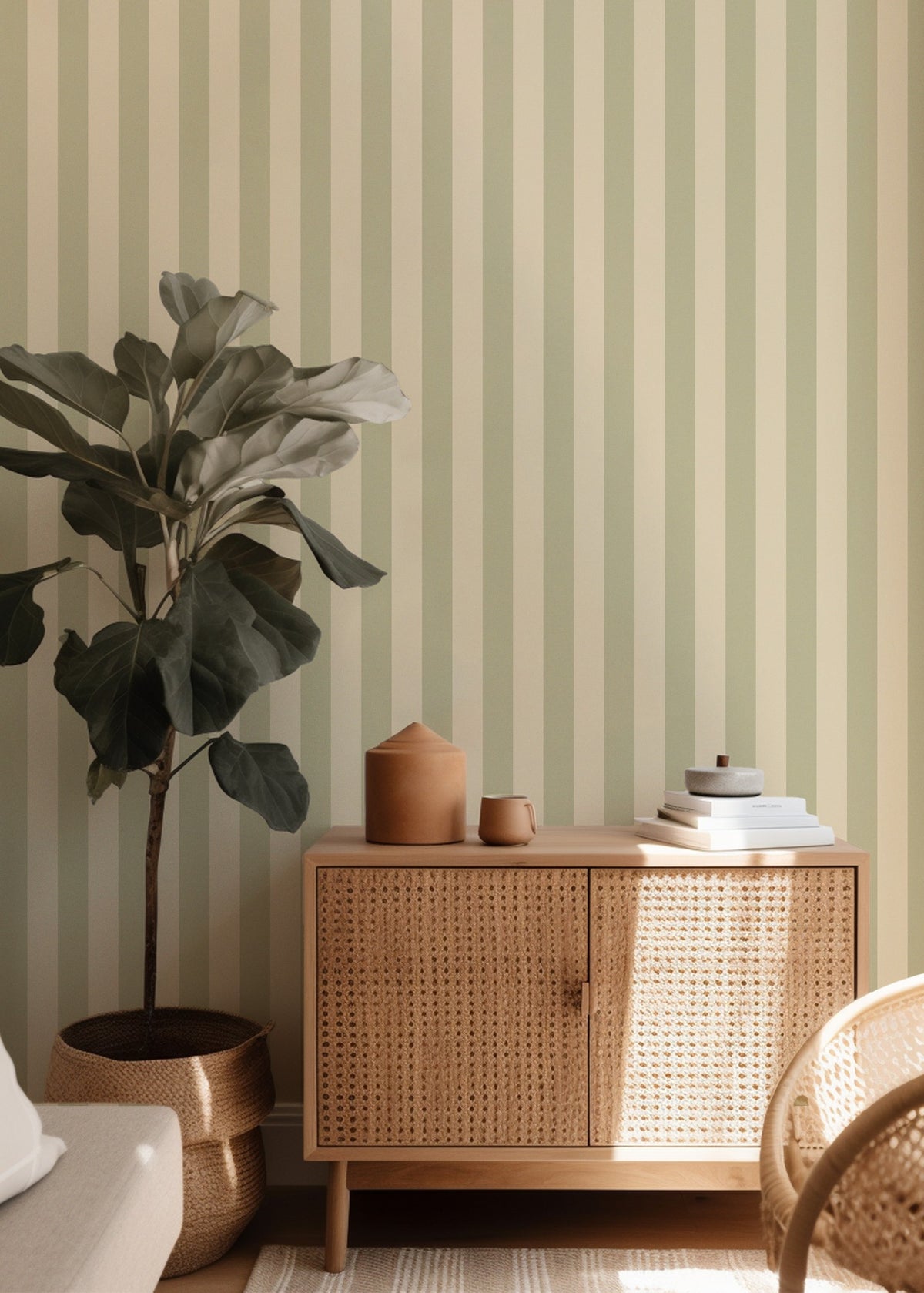 Olive & Warm Sand – Classic Stripe Wallpaper styled in a hallway and home office