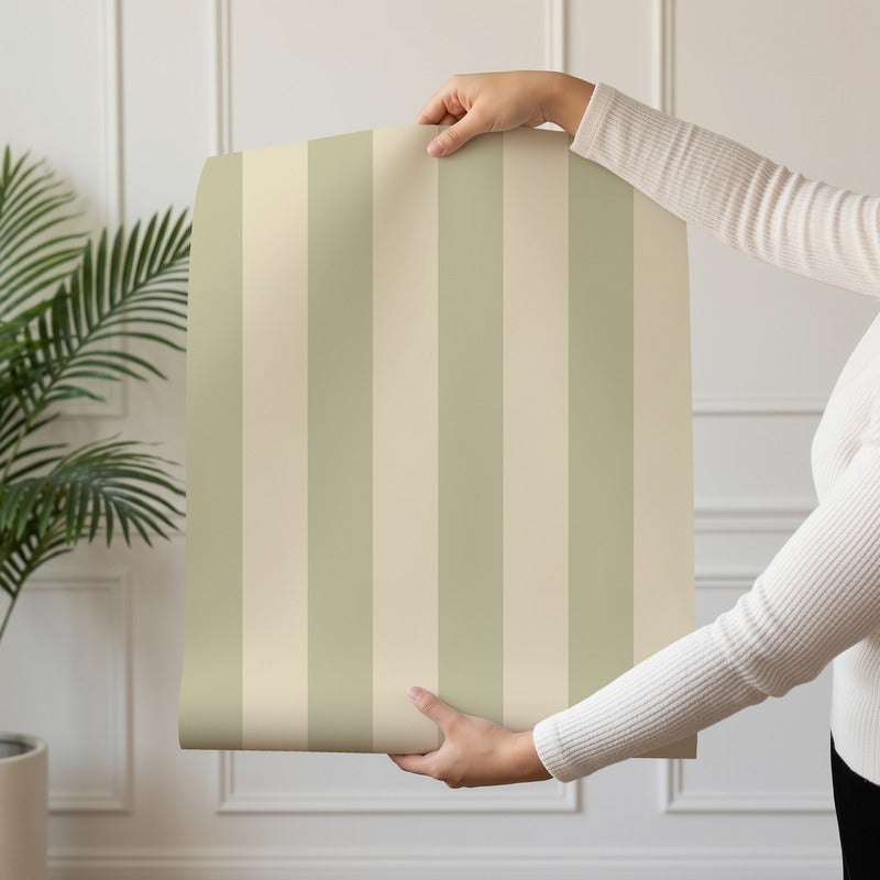 Classic Stripe Wallpaper roll in Olive & Warm Sand – bold stripes on a warm sand ground