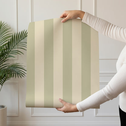 Classic Stripe Wallpaper roll in Olive & Warm Sand – bold stripes on a warm sand ground