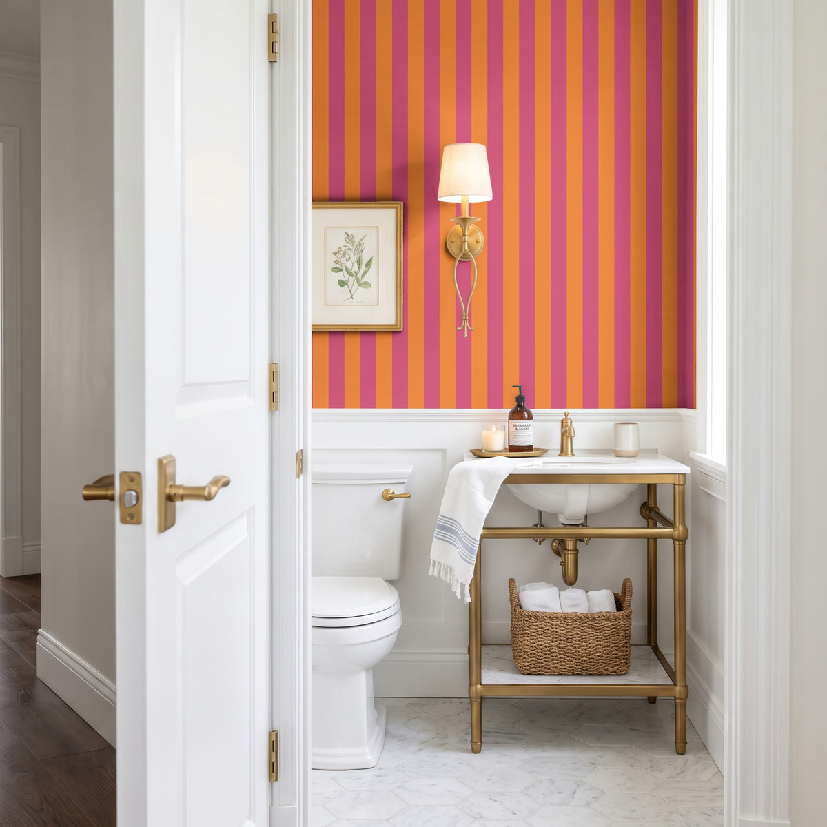 Pink & Tangerine – Classic Stripe Wallpaper styled in a bathroom