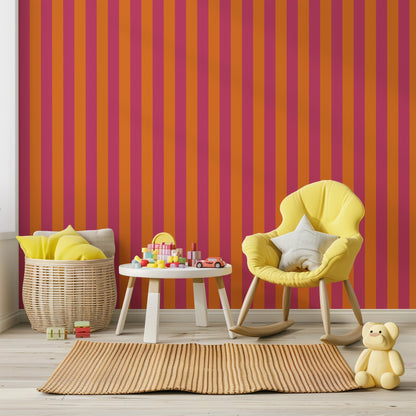 Pink & Tangerine – Classic Stripe Wallpaper styled in a kids' room and nursery