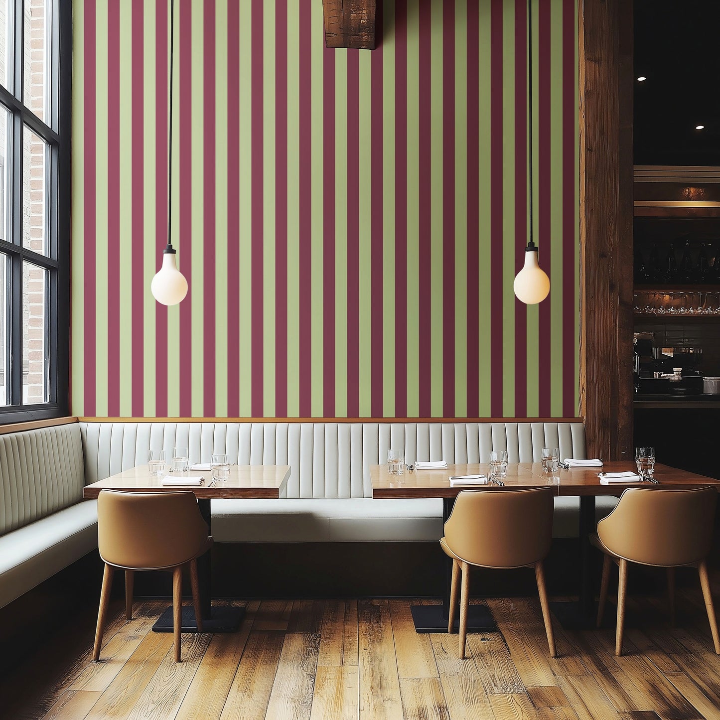 Classic Stripe Wallpaper – Pistachio & Burgundy styled in a boutique hotel and hospitality space