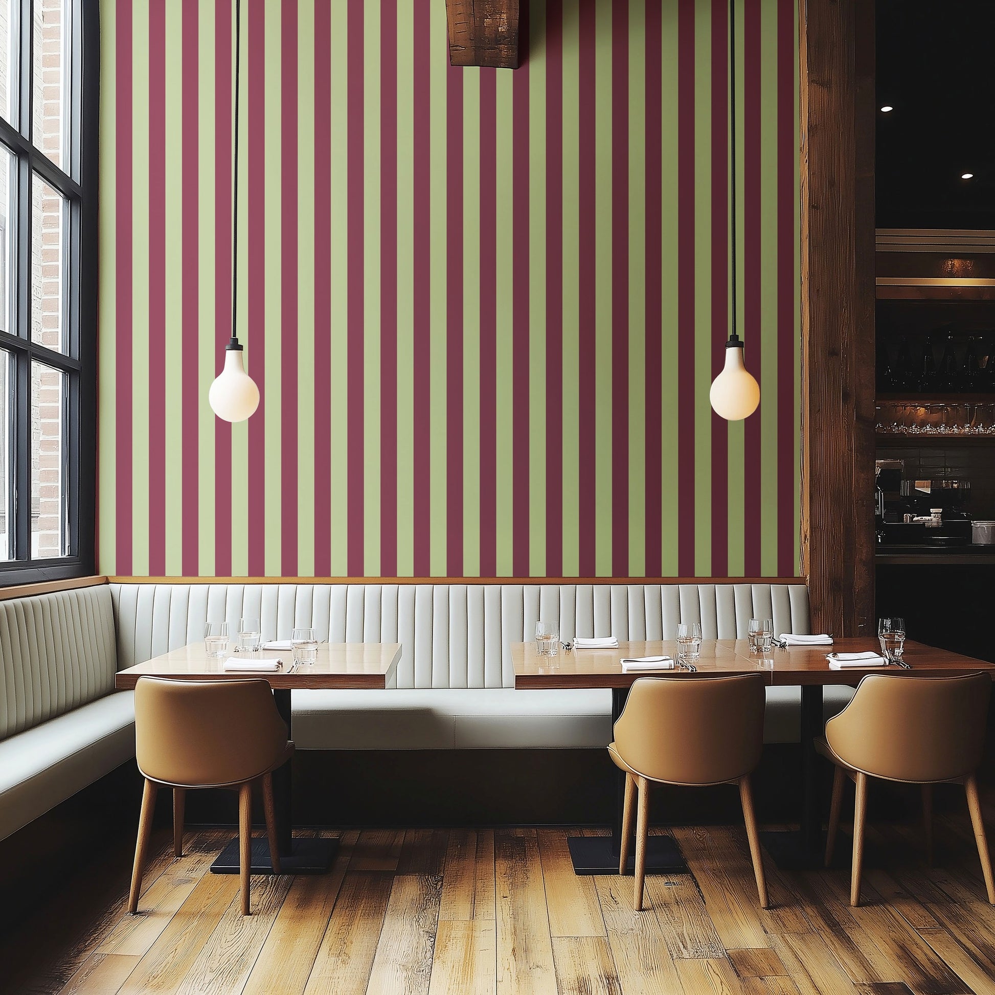 Classic Stripe Wallpaper – Pistachio & Burgundy styled in a boutique hotel and hospitality space