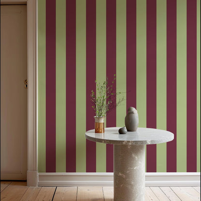 Classic Stripe Wallpaper – Pistachio & Burgundy styled in a hallway and home office