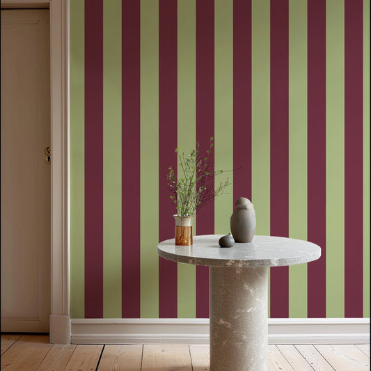 Classic Stripe Wallpaper – Pistachio & Burgundy styled in a hallway and home office
