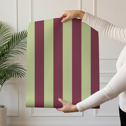 Classic Stripe Wallpaper roll in Pistachio & Burgundy – bold stripes on a burgundy ground