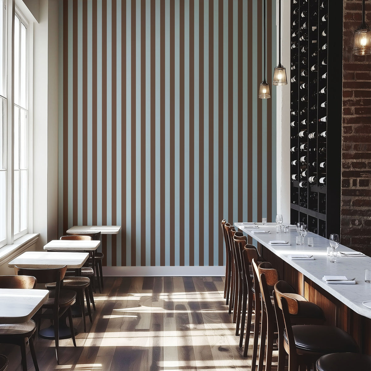 Classic Stripe Wallpaper – Powder Blue & Cocoa styled in a boutique hotel and hospitality space