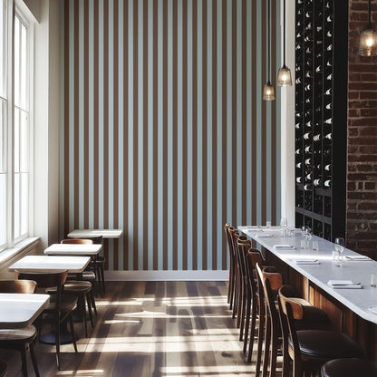 Classic Stripe Wallpaper – Powder Blue & Cocoa styled in a boutique hotel and hospitality space