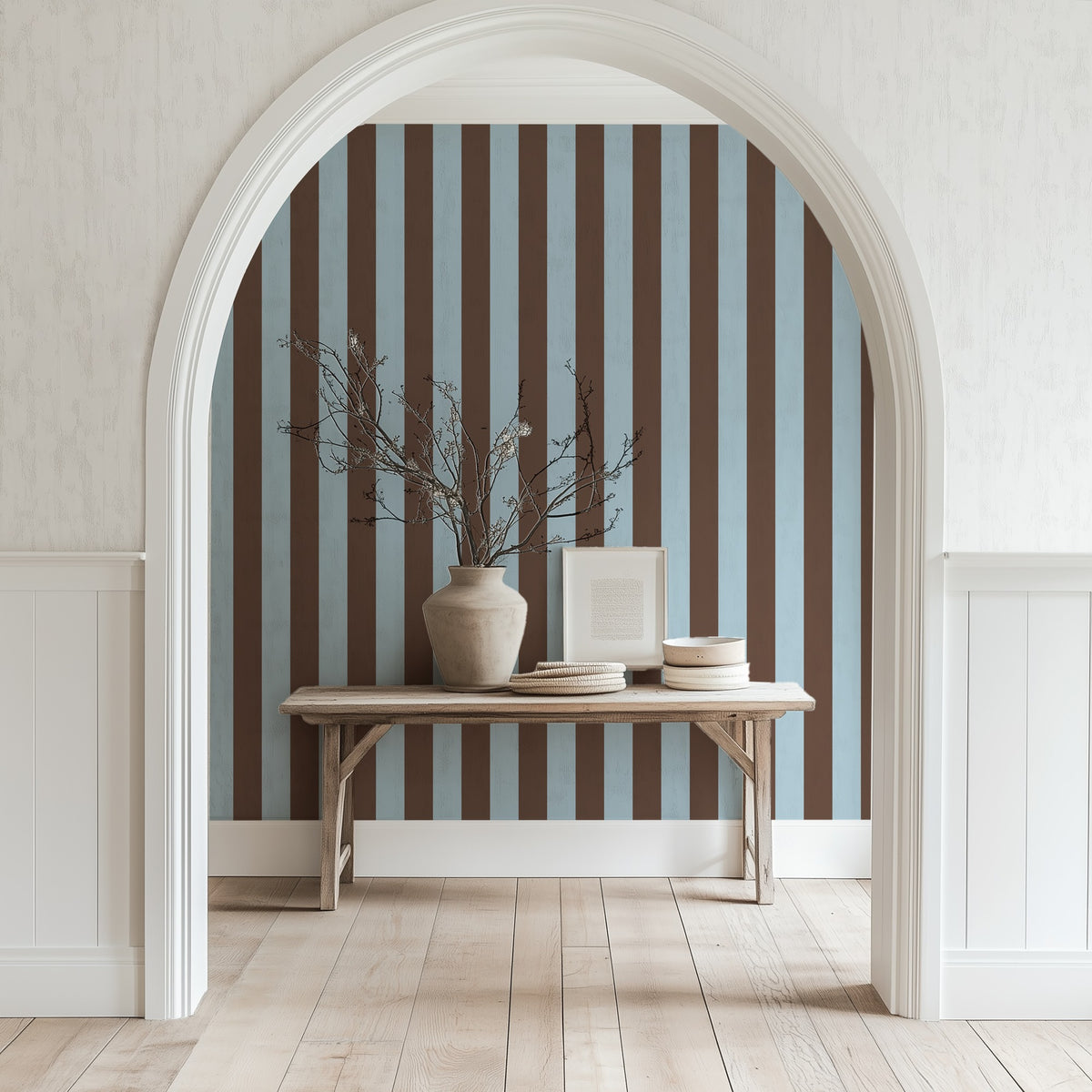 Classic Stripe Wallpaper – Powder Blue & Cocoa styled in a hallway and home office