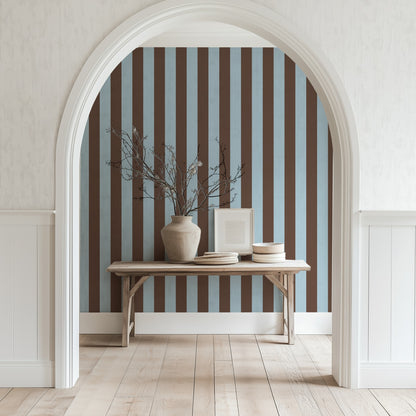 Classic Stripe Wallpaper – Powder Blue & Cocoa styled in a hallway and home office