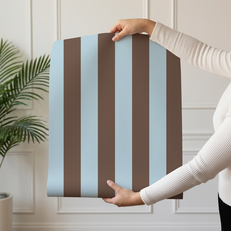 Classic Stripe Wallpaper roll in Powder Blue & Cocoa – bold stripes on a cocoa ground