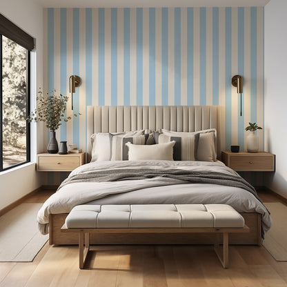 Classic Stripe Wallpaper – Powder Blue & Warm White styled in a bedroom