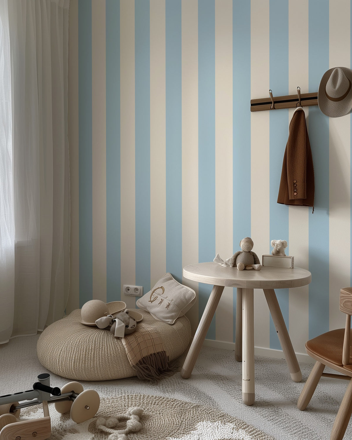Classic Stripe Wallpaper – Powder Blue & Warm White styled in a kids' room and nursery
