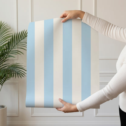 Classic Stripe Wallpaper roll in Powder Blue & Warm White – bold stripes on a warm white ground