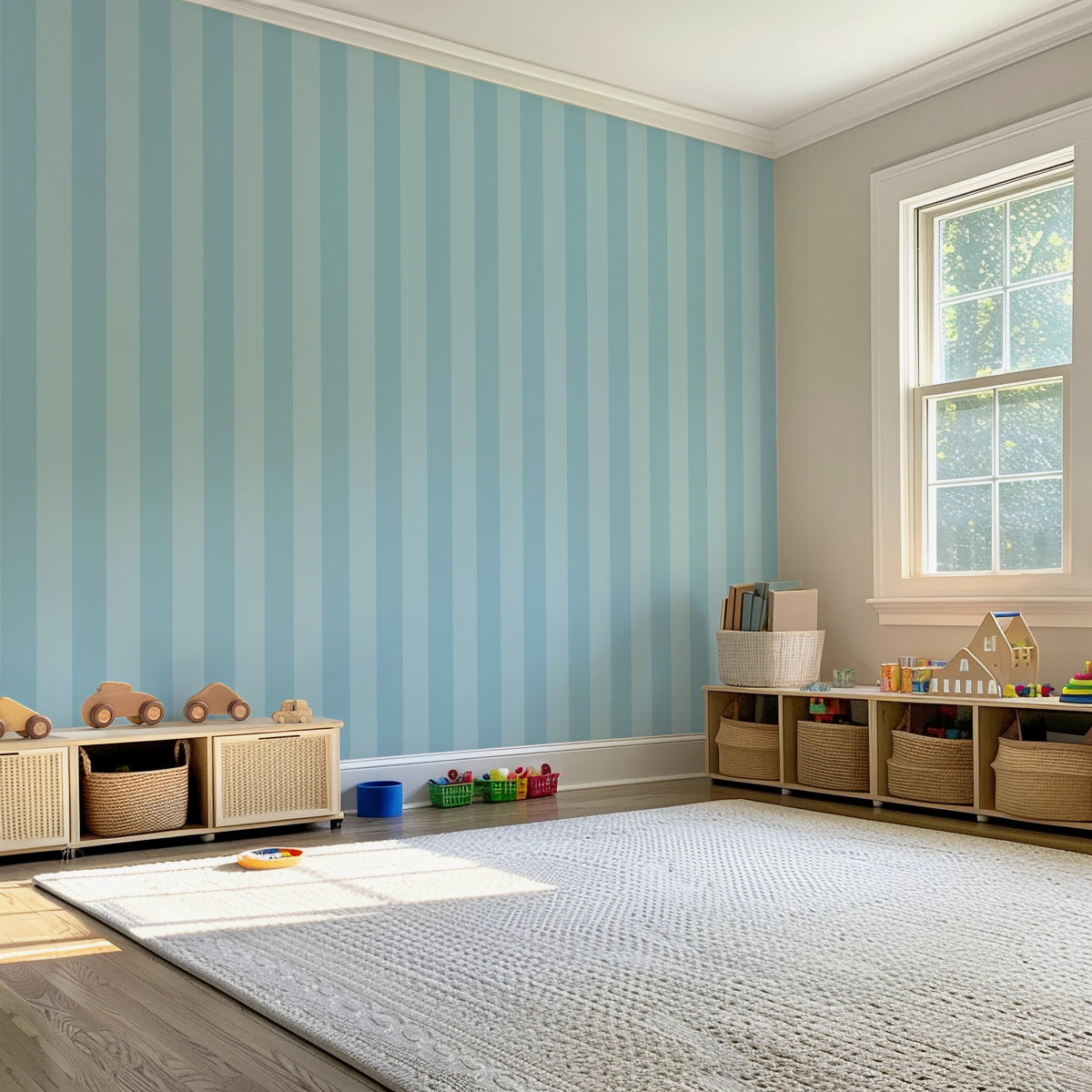 Powder & Sky – Classic Stripe Wallpaper styled in a kids' room and nursery