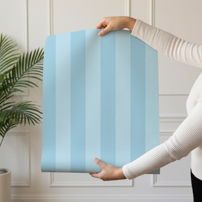 Classic Stripe Wallpaper roll in Powder & Sky – bold stripes on a sky ground