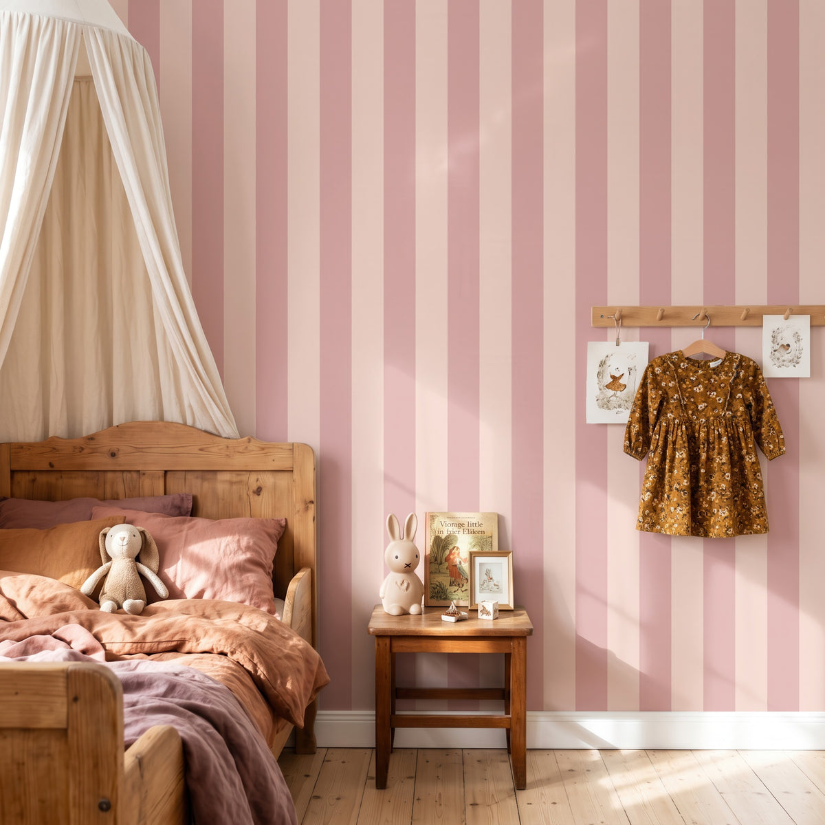 Rose & Cream – Classic Stripe Wallpaper styled in a kids' room and nursery