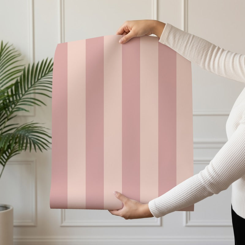 Classic Stripe Wallpaper roll in Rose & Cream – bold stripes on a cream ground