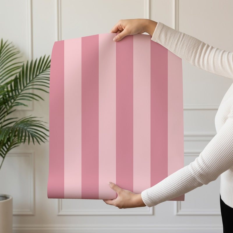 Classic Stripe Wallpaper roll in Rose Petal & Soft Blush – bold stripes on a soft blush ground