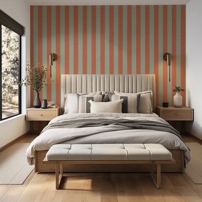 Classic Stripe Wallpaper – Sage & Baked Clay styled in a bedroom