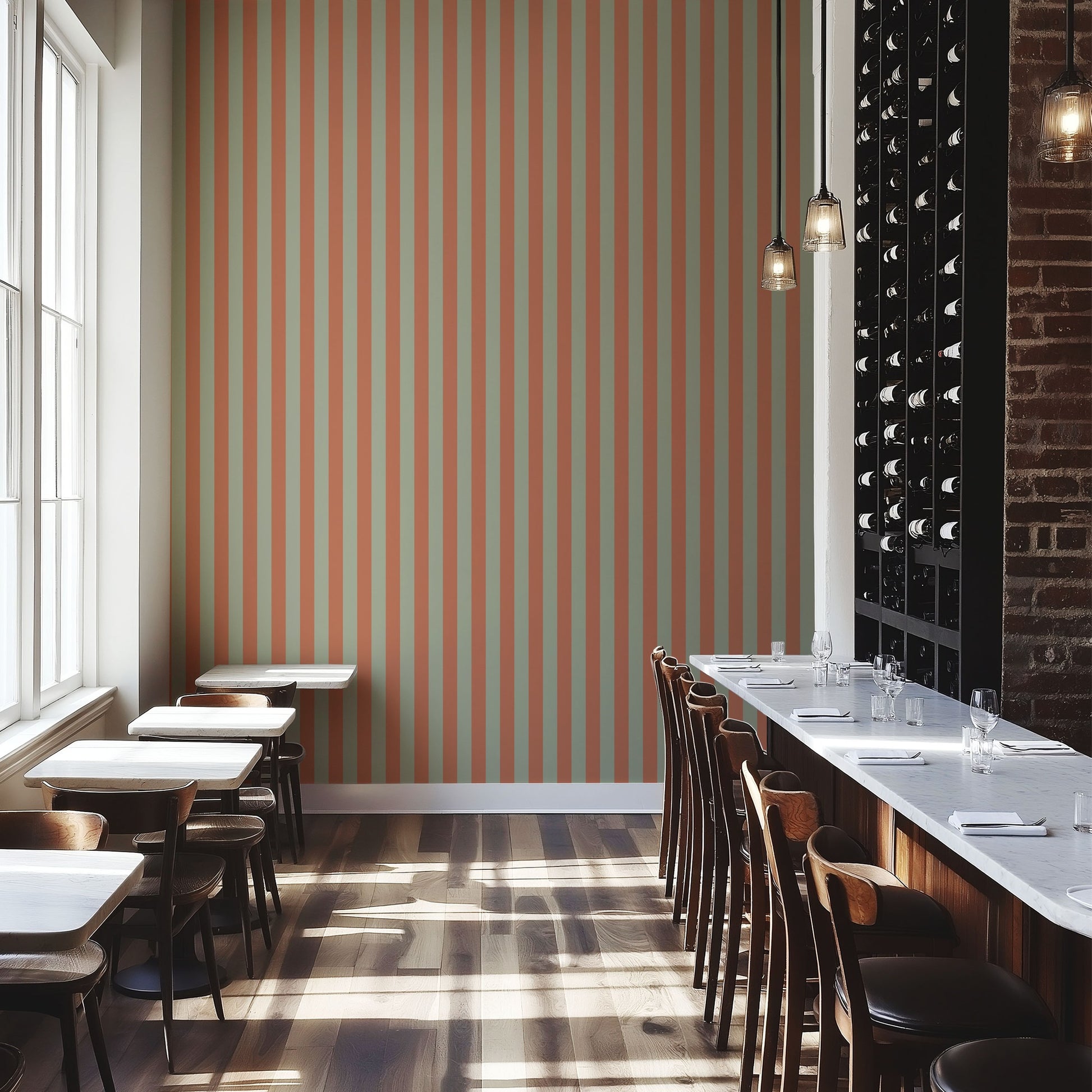 Classic Stripe Wallpaper – Sage & Baked Clay styled in a boutique hotel and hospitality space