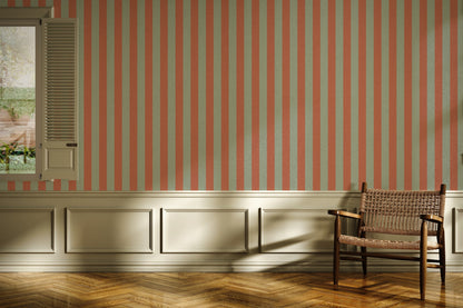 Classic Stripe Wallpaper – Sage & Baked Clay styled in a living room