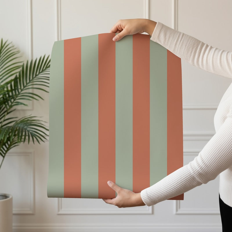 Classic Stripe Wallpaper roll in Sage & Baked Clay – bold stripes on a baked clay ground